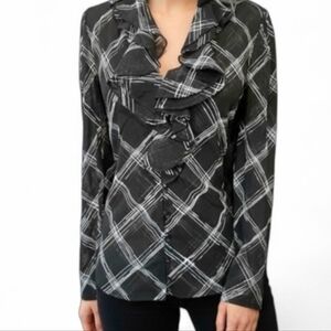 Ruffles Mesh Sheer Diagonal Plaid Mesh Nylon Small Paris French Style Blouse